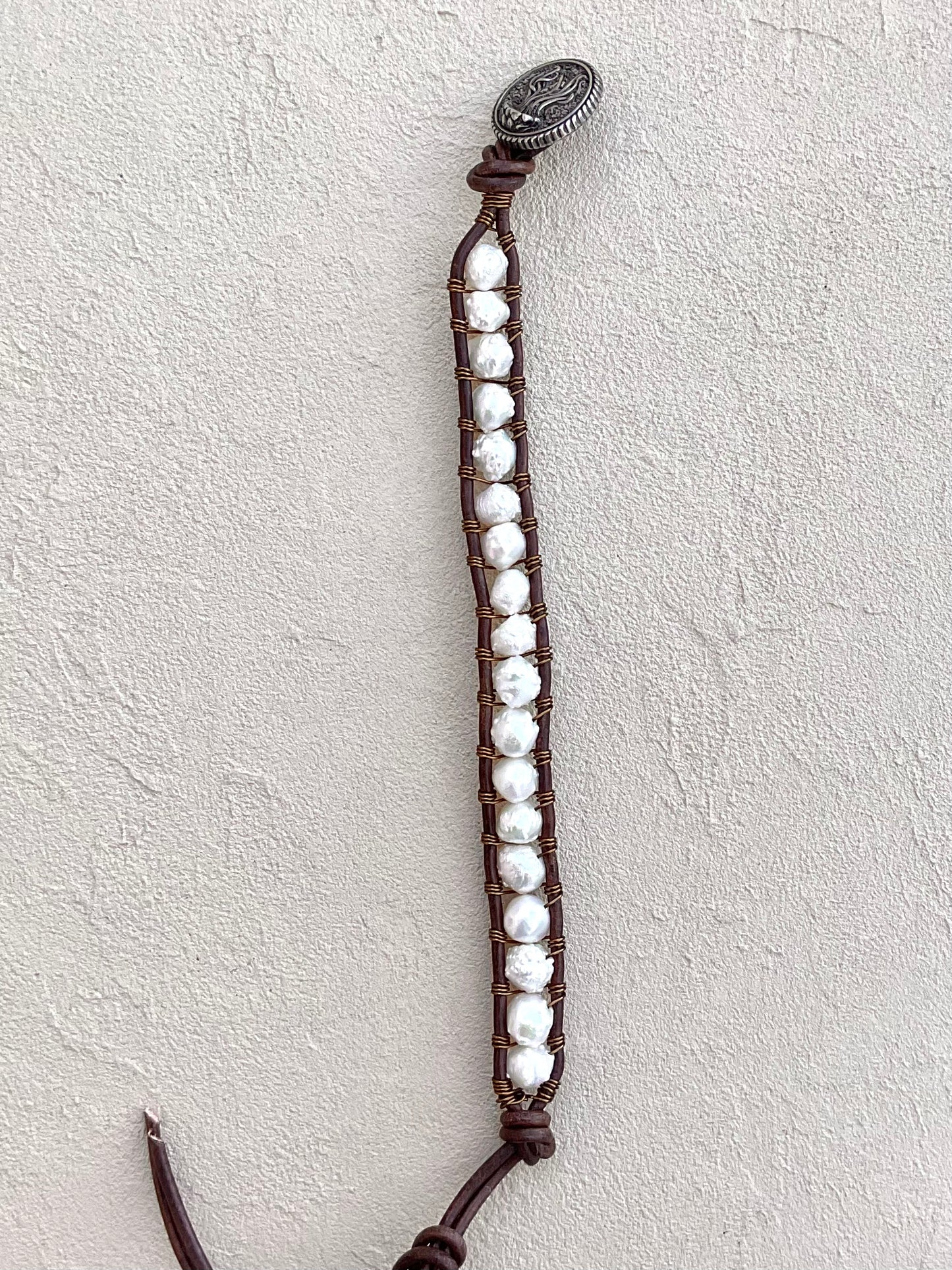 "Pearl: Treasure of the Sea" Leather Bracelets Heidi Duran Inventory White Rose Bud Pearls - Brown Leather