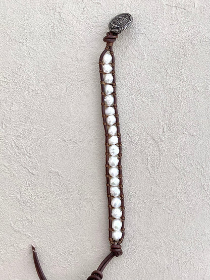 "Pearl: Treasure of the Sea" Leather Bracelets Heidi Duran Inventory White Rose Bud Pearls - Brown Leather