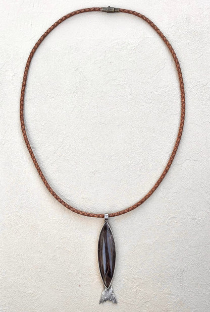 Petrified Wood Fish set in Sterling - Pendant on Leather TERRY W. Consignment