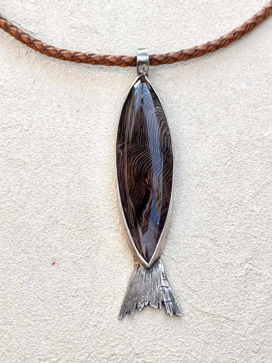 Petrified Wood Fish set in Sterling - Pendant on Leather TERRY W. Consignment
