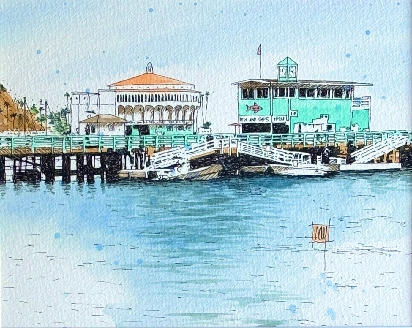 "Pier and Casino" Original Watercolor Painting - Framed Ray Hart Consignment