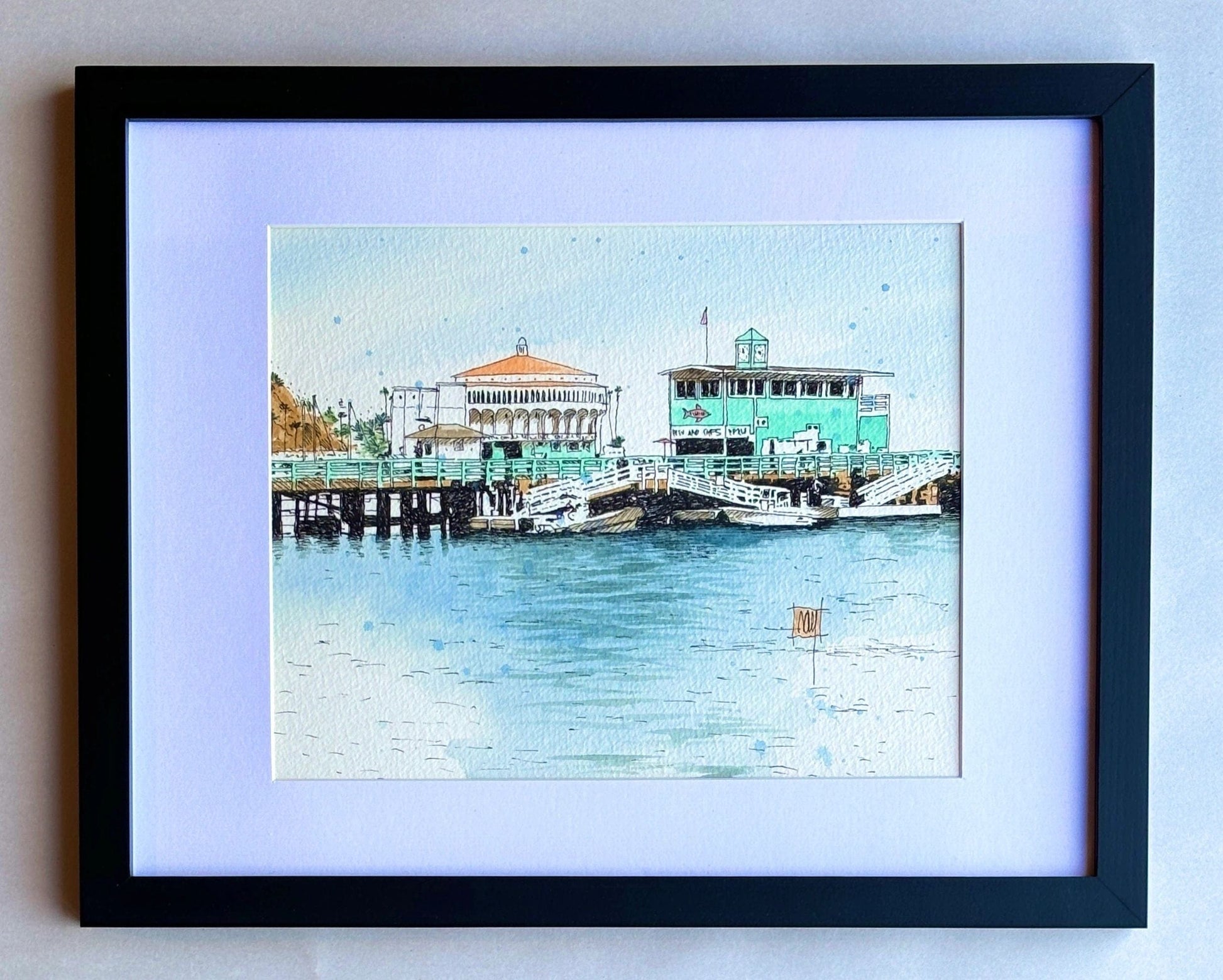 "Pier and Casino" Original Watercolor Painting - Framed Ray Hart Consignment