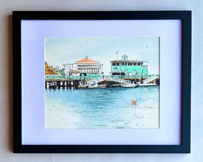 "Pier and Casino" Original Watercolor Painting - Framed Ray Hart Consignment