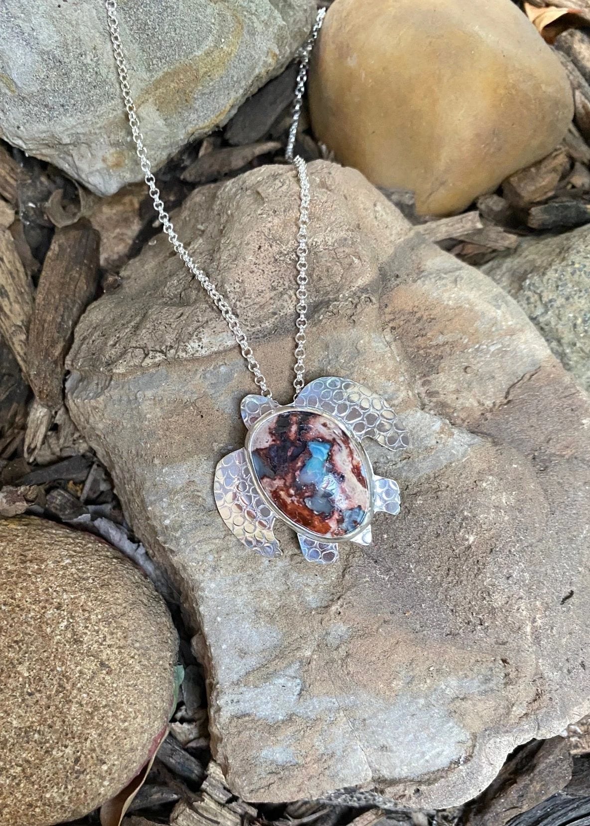 Pink Agate/Mexican Opal Sea Turtle Necklace Amy Jahn Consignment Large Mexican Boulder Opal