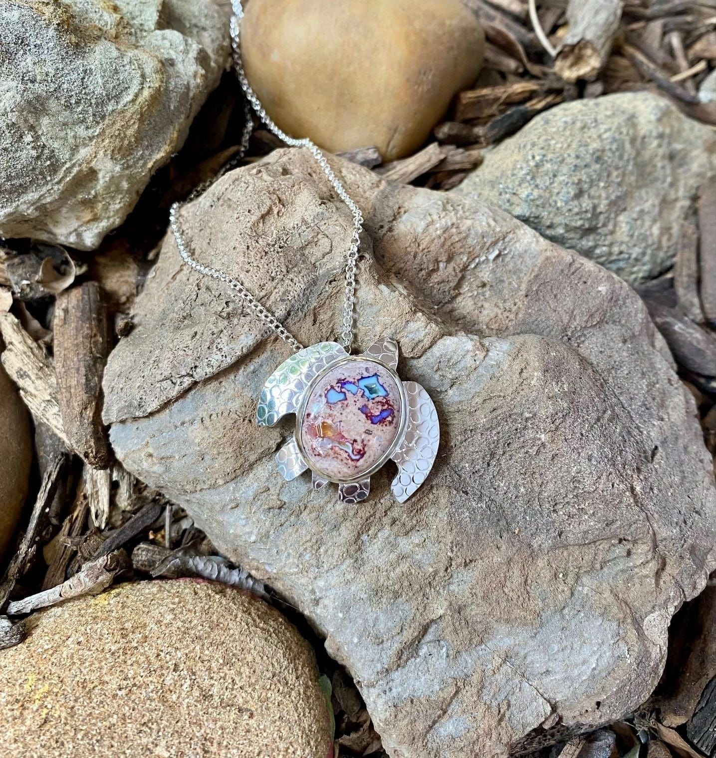 Pink Agate/Mexican Opal Sea Turtle Necklace Amy Jahn Consignment Medium Mexican Boulder Opal