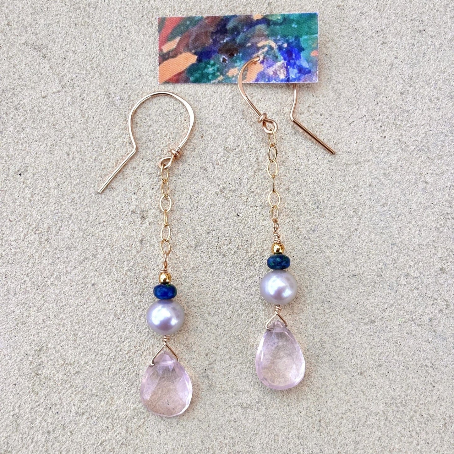 Pink Quartz 14K GF Earrings Elise Peters Inventory Pink Quartz, Fresh Water Pearls and Lapis