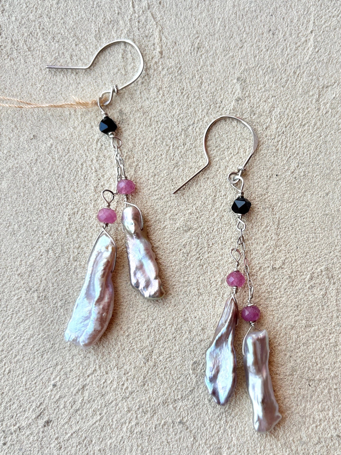 Pink tourmaline and Biwa Pearls Earrings Elise Peters Consignment Pearl/Onyx/Tourmaline