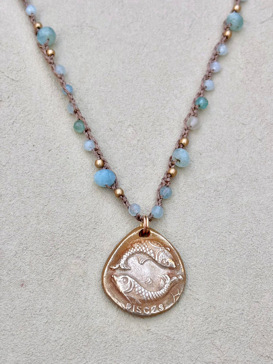 "Pisces" Bronze Pendant on Woven Beaded Necklaces Heidi Duran Inventory