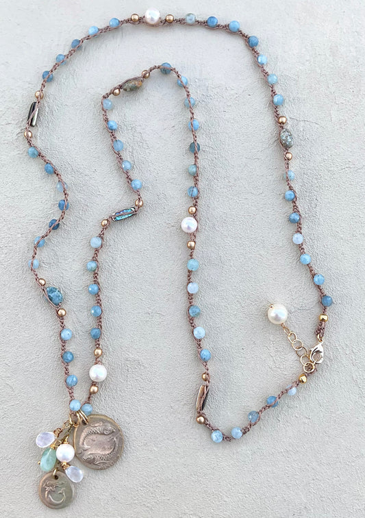 "Pisces" Bronze Pendant on Woven Beaded Necklaces Heidi Duran Inventory Aquamarine Pearls and Abalone Shell - Long (37")