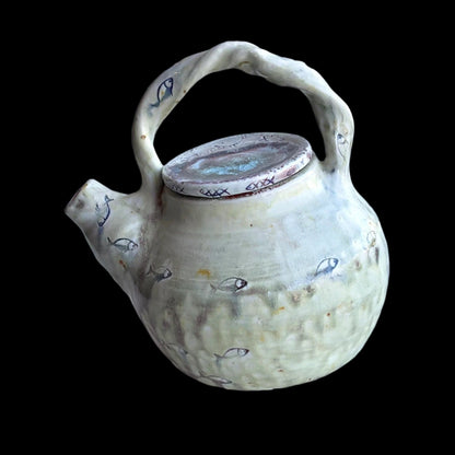 "Pisces" Teapots Juls Inventory 3. White Porcelain w/flat top (purple/red)