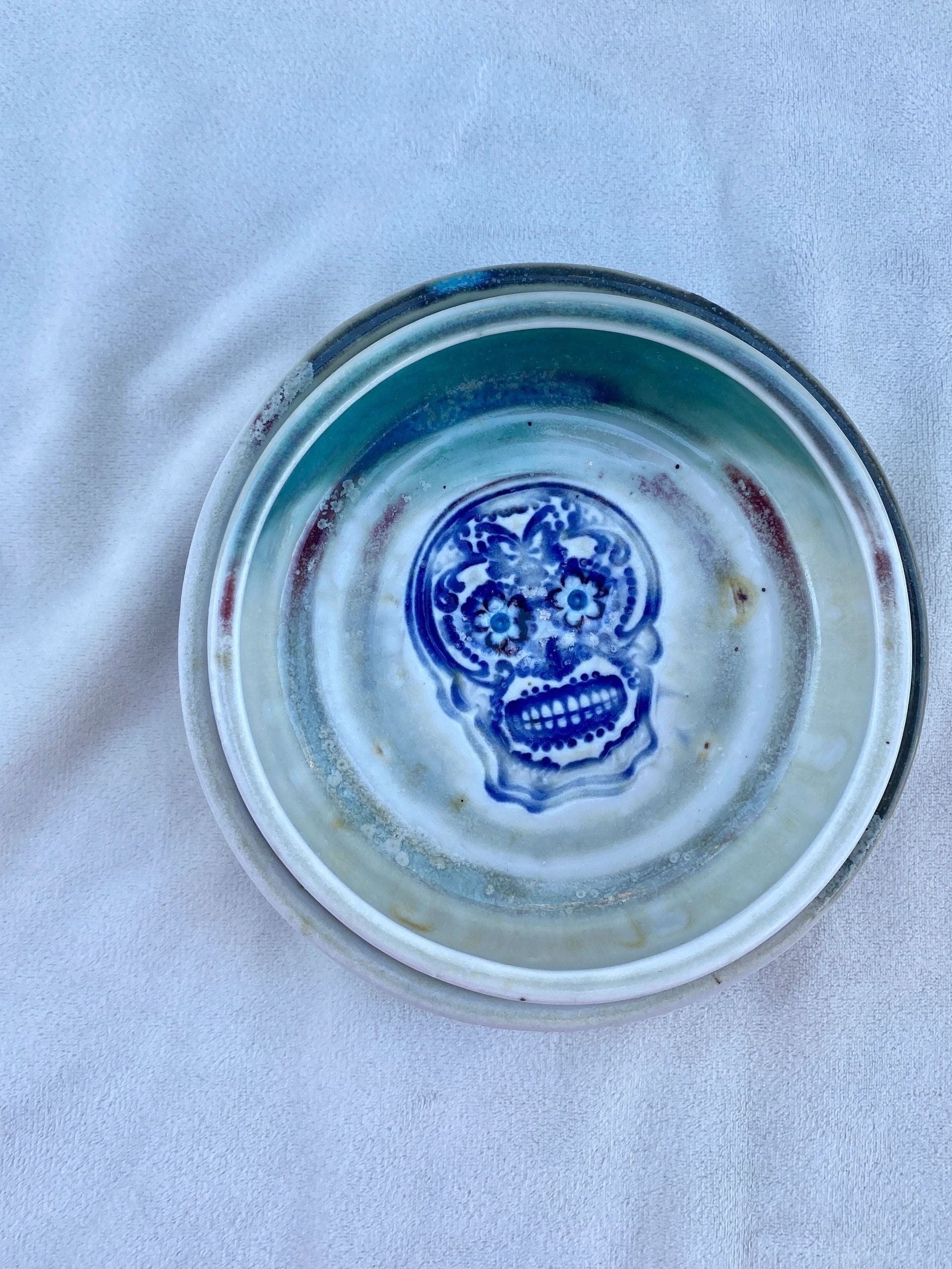 Porcelain Aqua Glazed "Day of the Dead" Dishes Juls Inventory small : 5" diameter