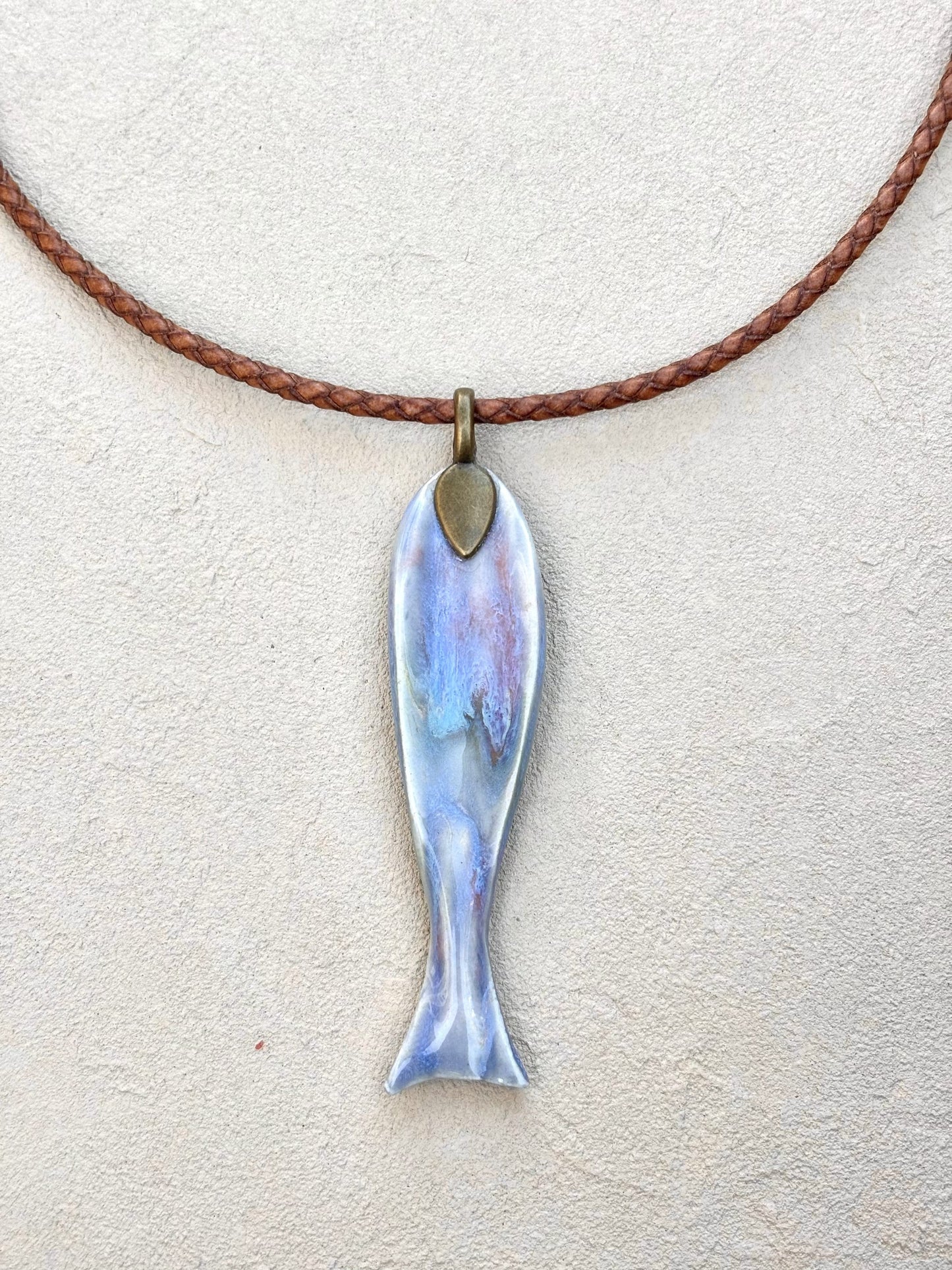 Porcelain Blue Fish - Pendant on Leather TERRY W. Consignment