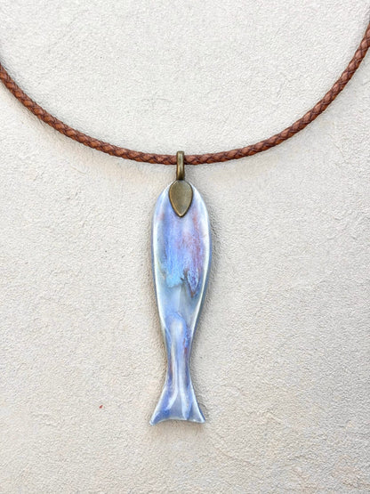 Porcelain Blue Fish - Pendant on Leather TERRY W. Consignment