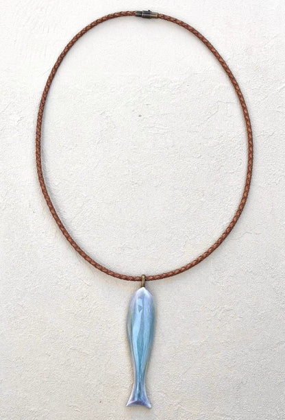 Porcelain Blue Fish - Pendant on Leather TERRY W. Consignment