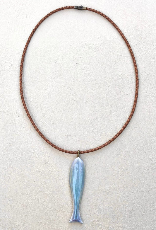 Porcelain Blue Fish - Pendant on Leather TERRY W. Consignment