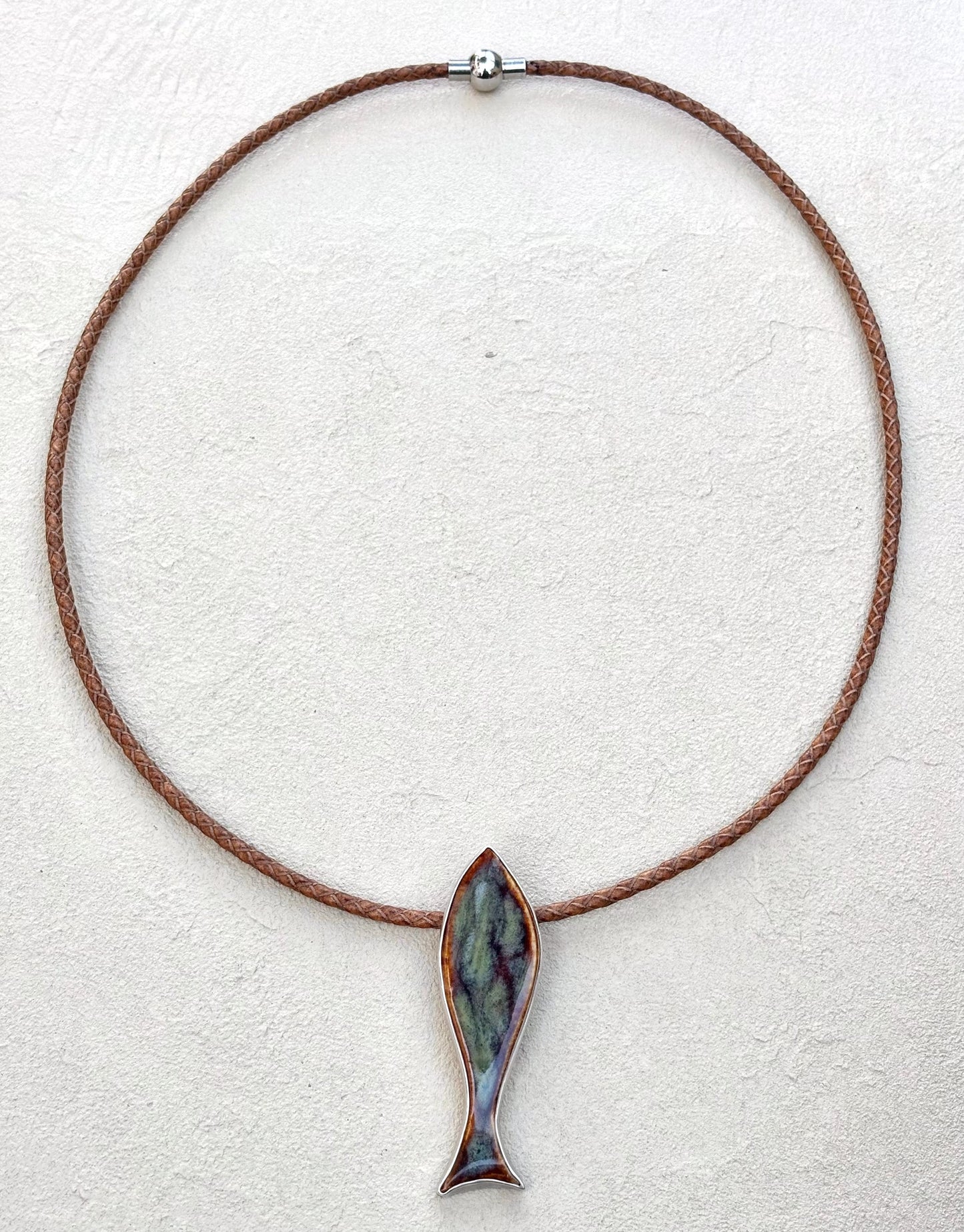 Porcelain Fish set in Sterling - Pendant on Leather TERRY W. Consignment
