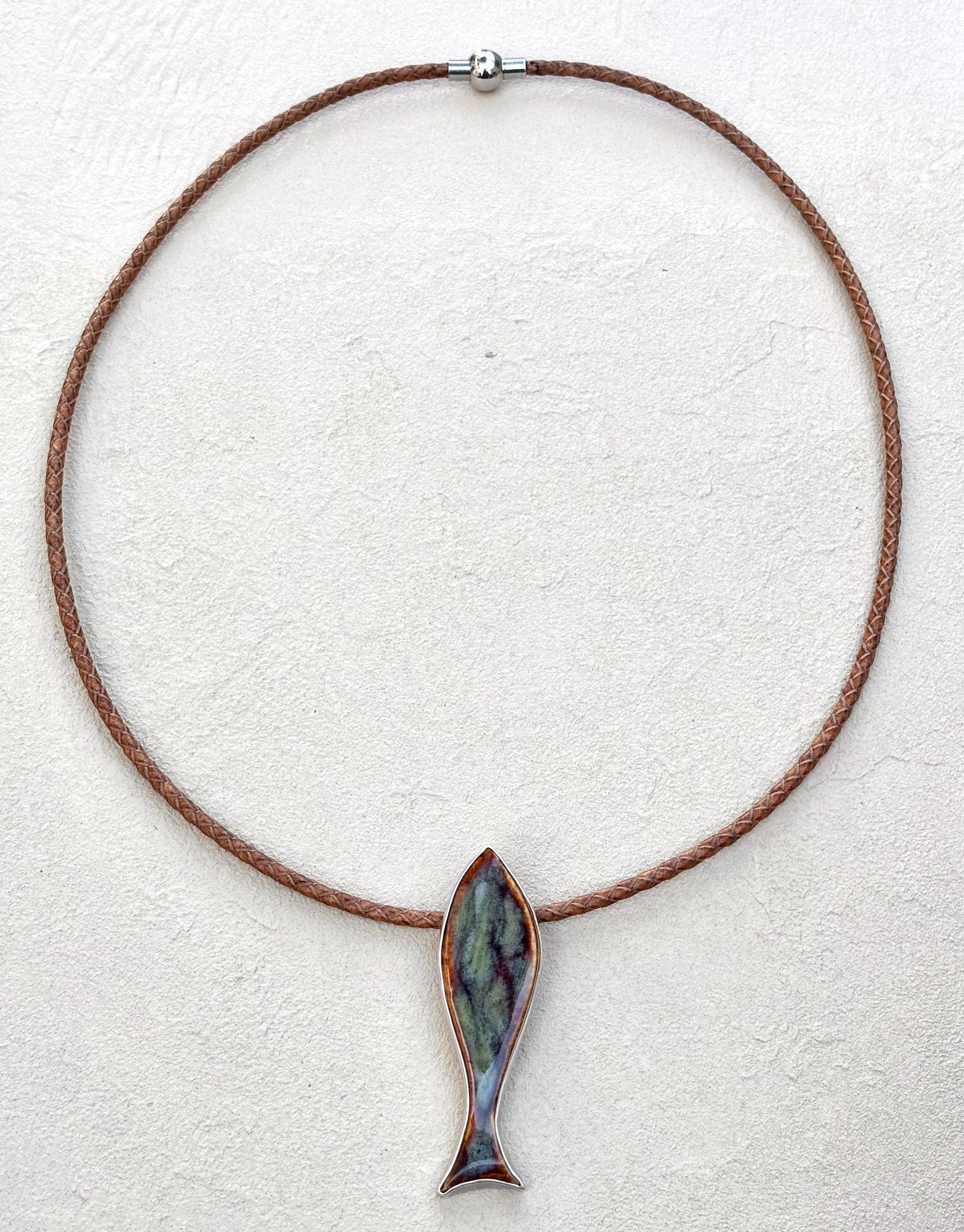 Porcelain Fish set in Sterling - Pendant on Leather TERRY W. Consignment