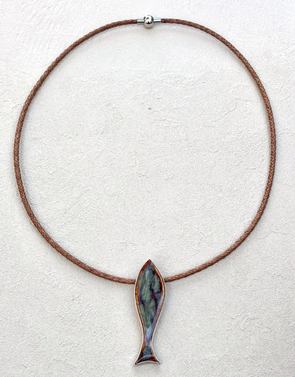 Porcelain Fish set in Sterling - Pendant on Leather TERRY W. Consignment