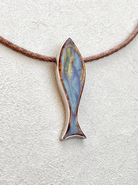 Porcelain Fish set in Sterling - Pendant on Leather TERRY W. Consignment