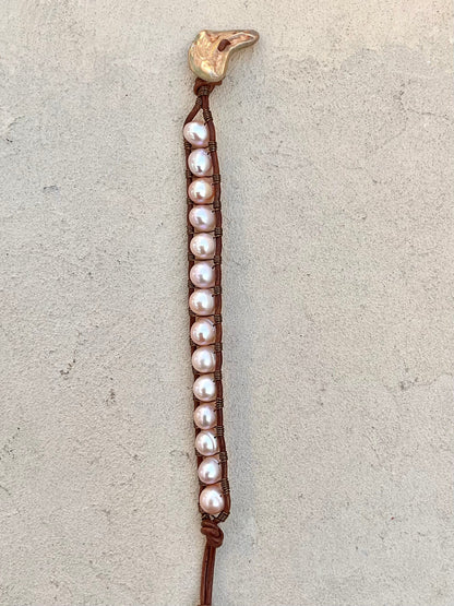 Precious Stone Bracelets with Handmade Bronze Button Heidi Duran Inventory Blush Pink Pearls w/Flying fish button