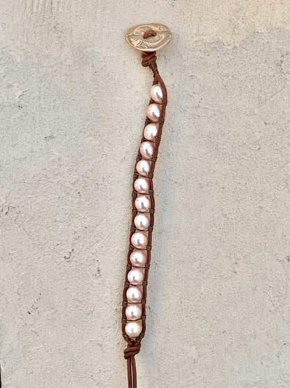 Precious Stone Bracelets with Handmade Bronze Button Heidi Duran Inventory Blush Pink Pearls w/Pisces button