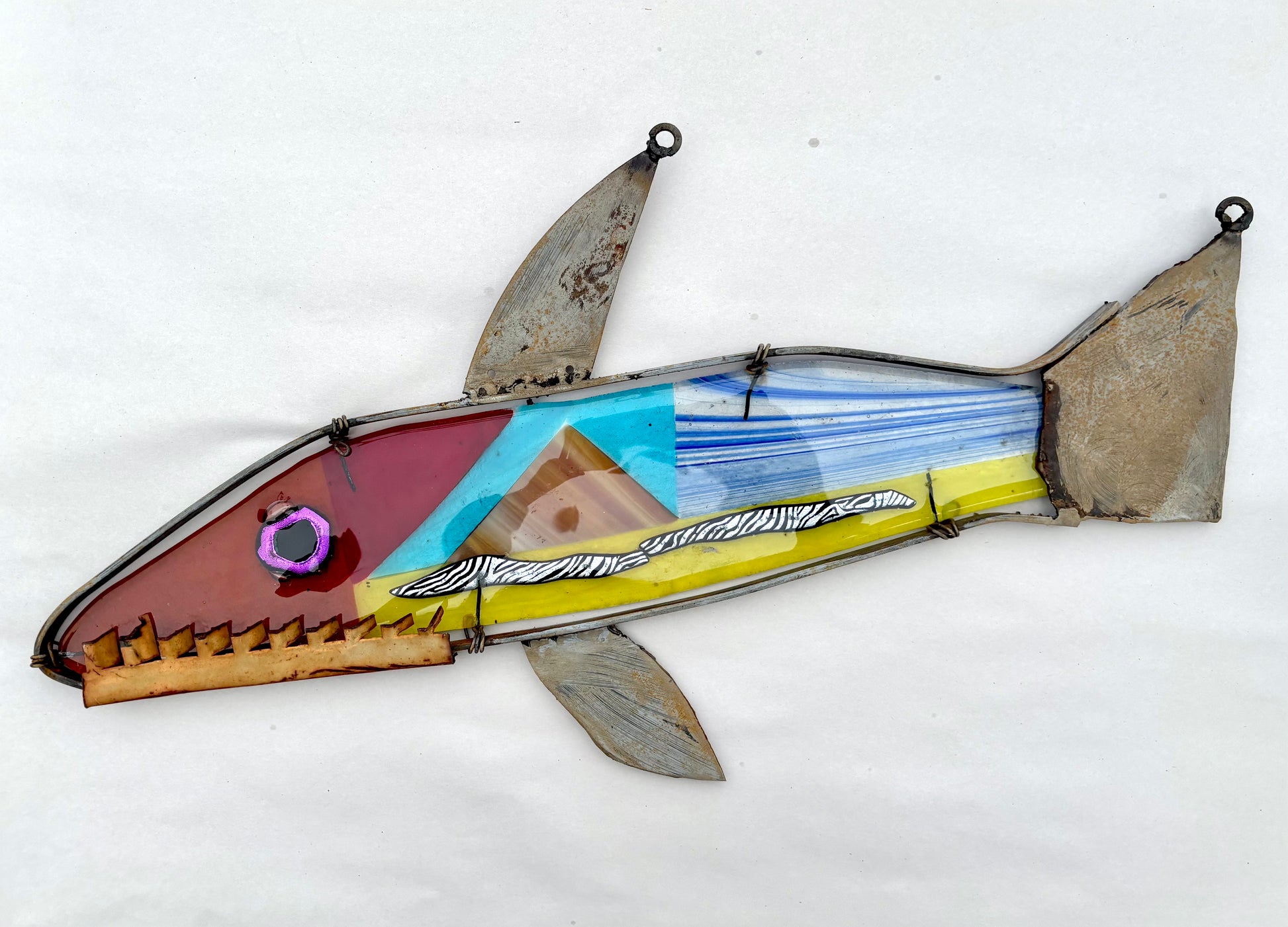 "Quilted Shark" Fused Glass and Metal Hanging Sculpture Wired Glass Inventory