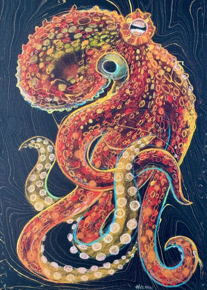 "Red Common Octopus on Black" Wood Panel Print Stephen Holman Consignment