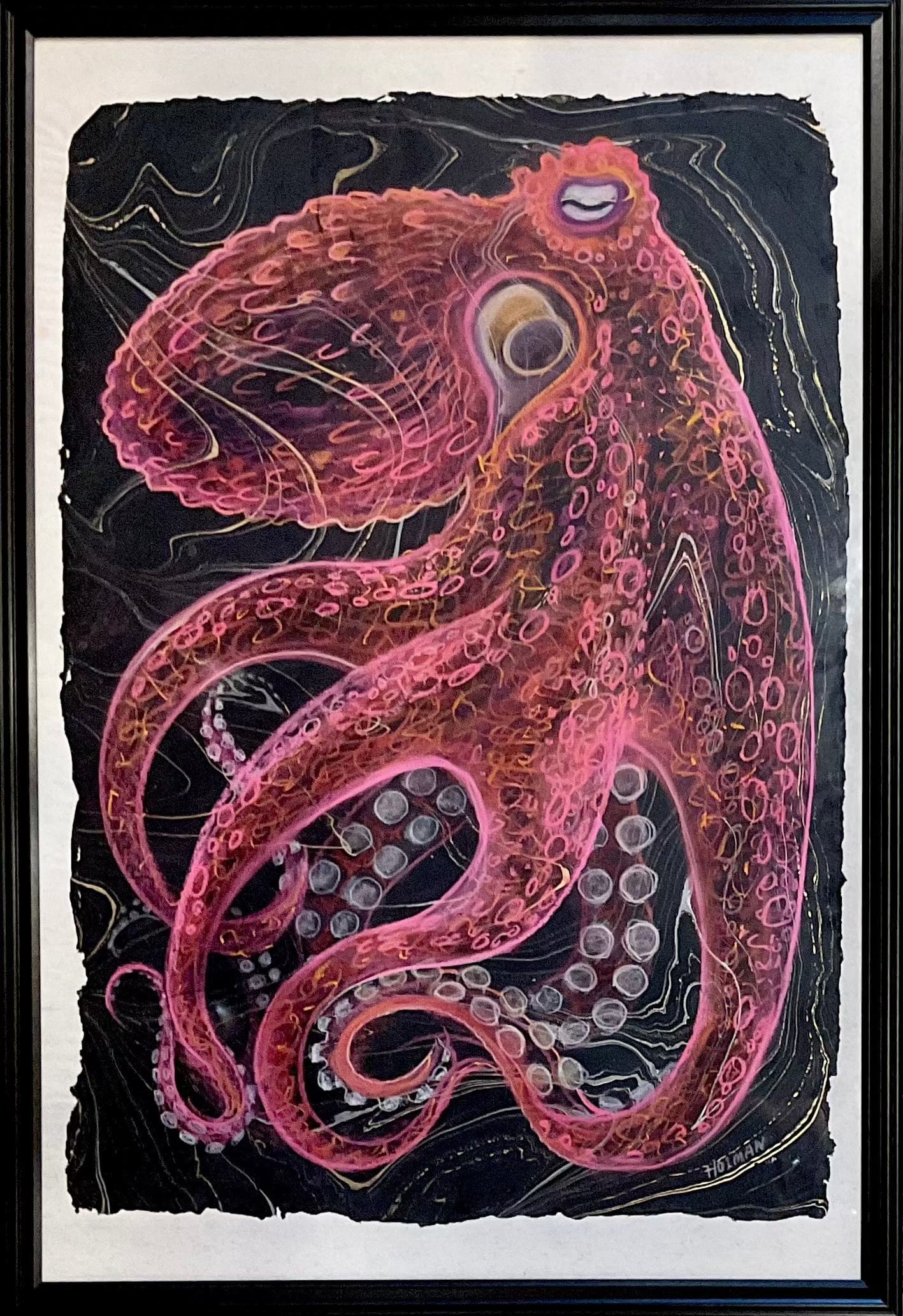 "Red Octo-Pastel" Original Framed Pastel Drawing Stephen Holman Consignment