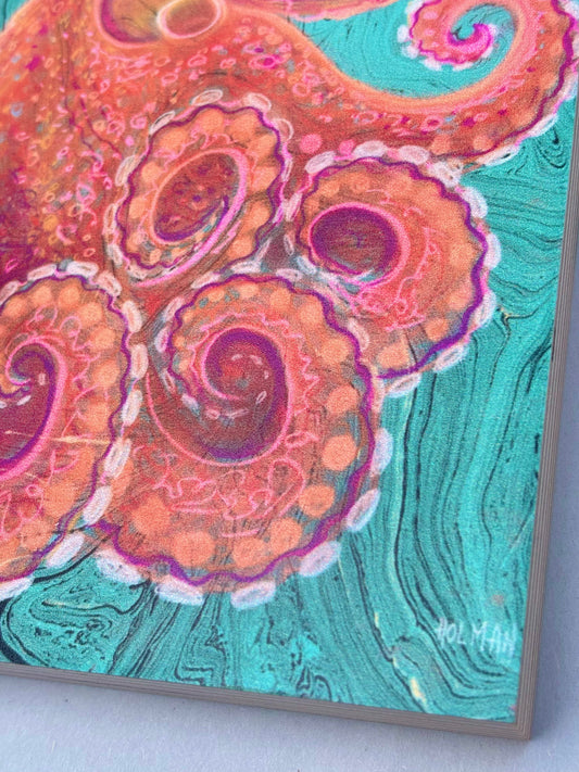 "Red-Orange Octopus on Turquoise" Wood Panel Print Stephen Holman Consignment
