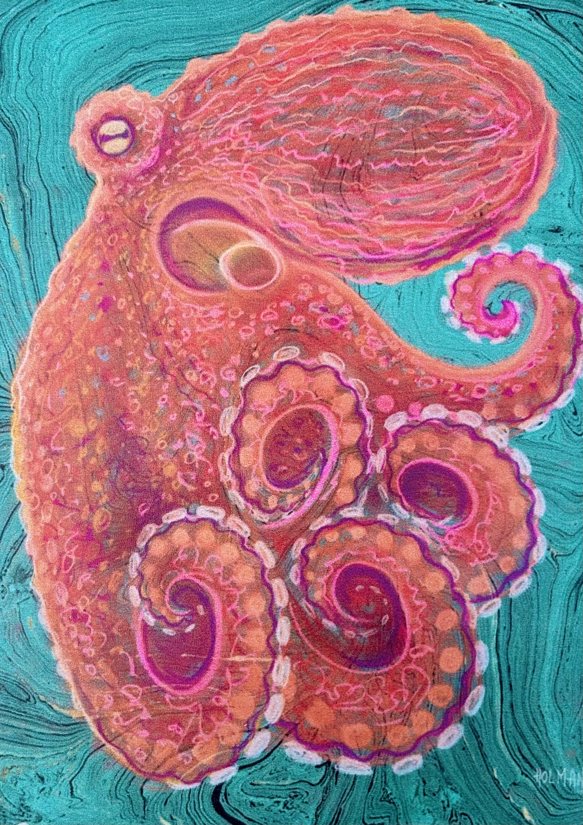 "Red-Orange Octopus on Turquoise" Wood Panel Print Stephen Holman Consignment