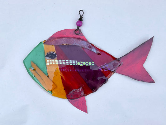 "Red-Pink Tailed Striped Fish"  Fused Glass and Metal Wired Glass Inventory