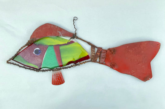 "Red-Tail Lime Fish" Large Fused Glass and Metal Wired Glass Inventory