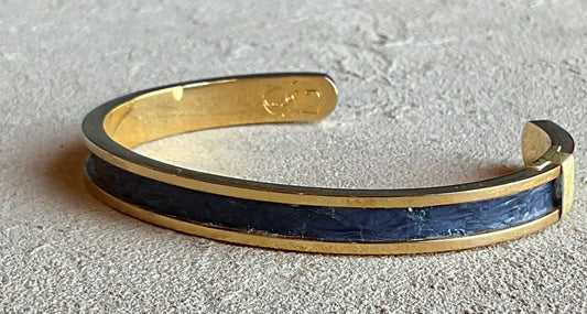 Salmon Leather Stainless Steel Cuffs Magdalena Consignment Navy Blue - Gold Plated