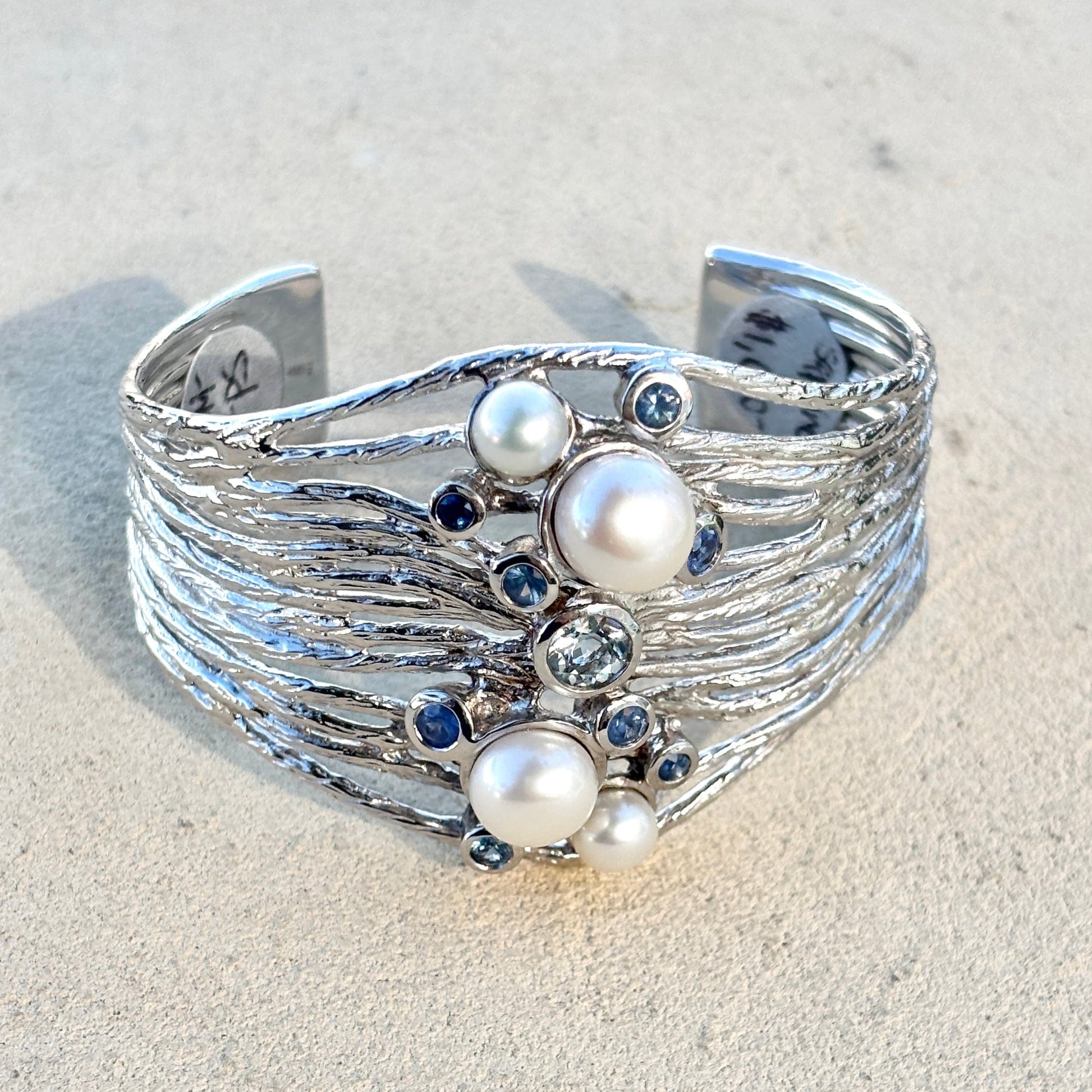 Sapphire and Pearl Sterling Cuff Bracelet Michiko Consignment