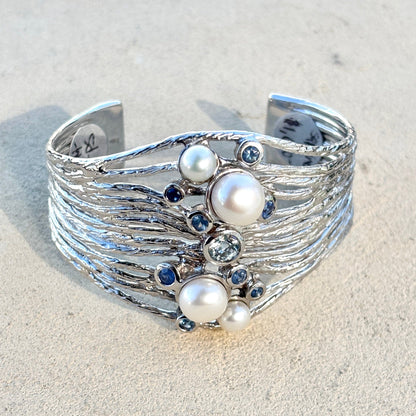 Sapphire and Pearl Sterling Cuff Bracelet Michiko Consignment