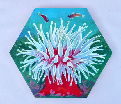 "Sea Anemone with Blue Banded Gobies" Original Acrylic Painting on Wooden Panel Stephen Holman Consignment