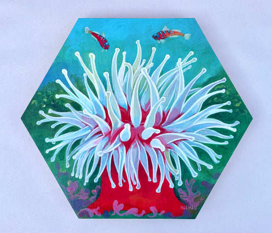 "Sea Anemone with Blue Banded Gobies" Original Acrylic Painting on Wooden Panel Stephen Holman Consignment