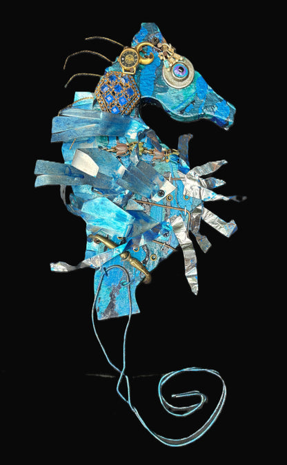 Seahorse Collection by Rodrigo - Eco/Folk Art Rodrigo Consignment Blue Seahorse #1 : 17.5" x 9" x 2"