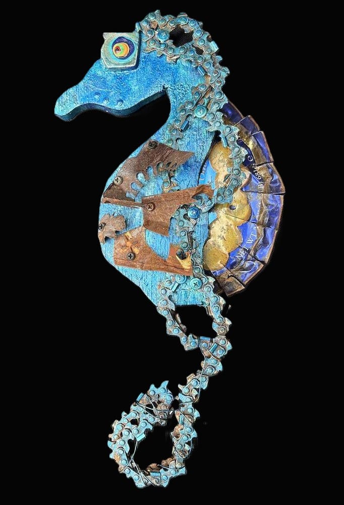 Seahorse Collection by Rodrigo - Eco/Folk Art Rodrigo Consignment Blue Seahorse  #2 : 18" x 7.5" x 2.5" (with saw chain)