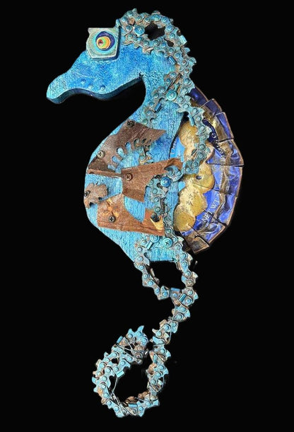 Seahorse Collection by Rodrigo - Eco/Folk Art Rodrigo Consignment Blue Seahorse  #2 : 18" x 7.5" x 2.5" (with saw chain)