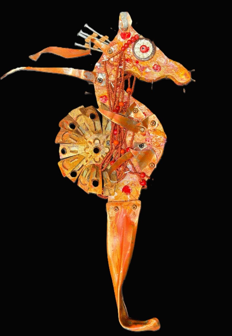 Seahorse Collection by Rodrigo - Eco/Folk Art Rodrigo Consignment Orange Seahorse : 19" x 11.5" mx 3"