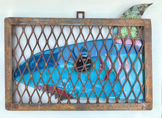 "Shark in a Cage" Fused Glass and Found Steel Metal Wired Glass Inventory