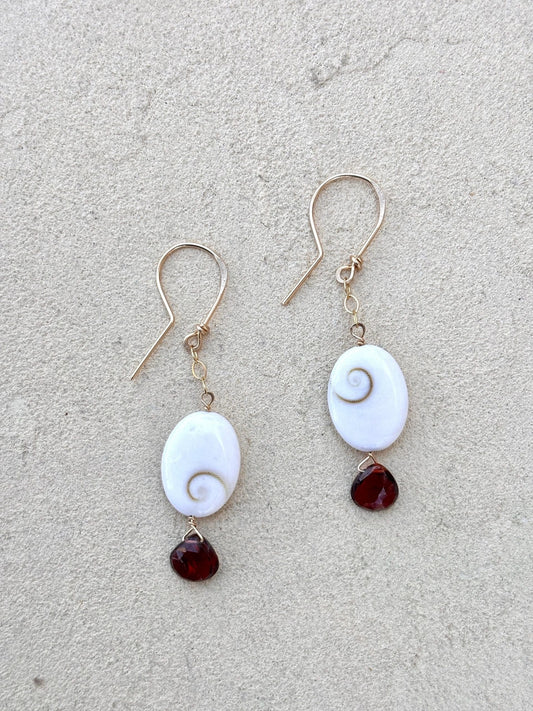 Shell of Shiva 14K GF Earrings Elise Peters Inventory 2" Garnet and Shell of Shiva