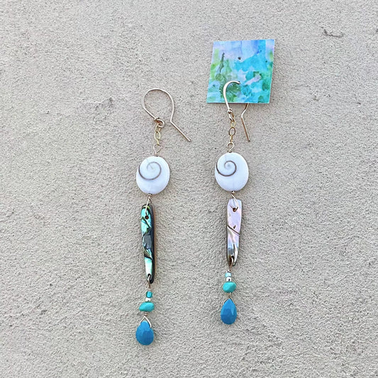 Shell of Shiva 14K GF Earrings Elise Peters Inventory 3.25" Abalone Turquoise and Shell of shiva