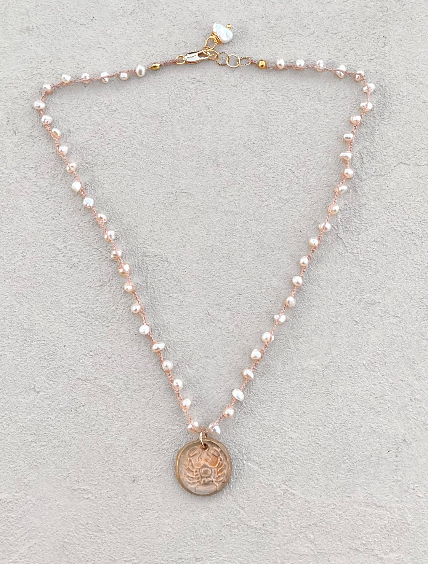Short Semi-Precious Stone Necklaces- Bronze Pendants (Assortment) Heidi Duran Inventory Crab/Cancer Sign : Pearls (15.5"/16.5")