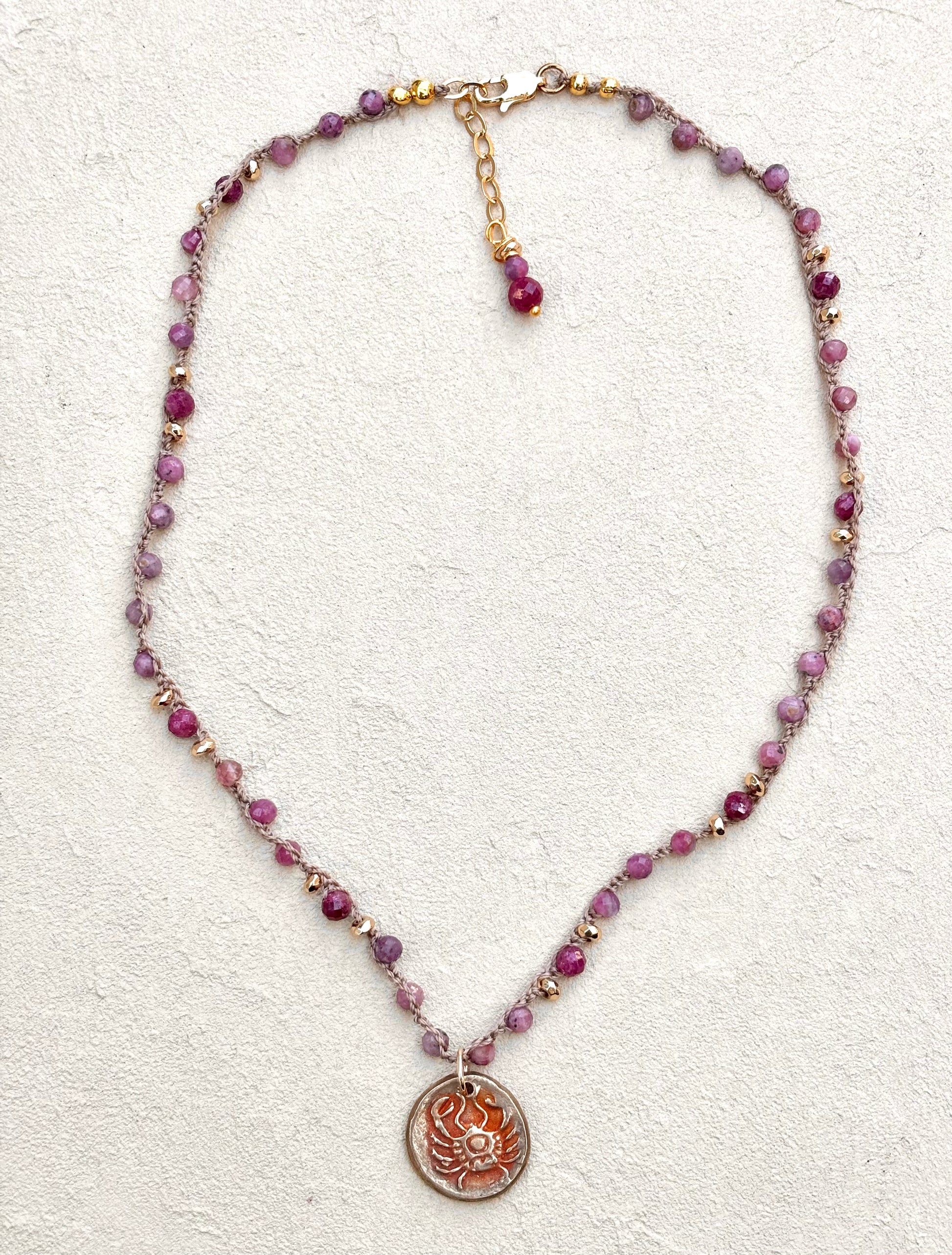 Short Semi-Precious Stone Necklaces- Bronze Pendants (Assortment) Heidi Duran Inventory Crab : Ruby (17" - 18")