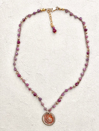 Short Semi-Precious Stone Necklaces- Bronze Pendants (Assortment) Heidi Duran Inventory Crab : Ruby (17" - 18")