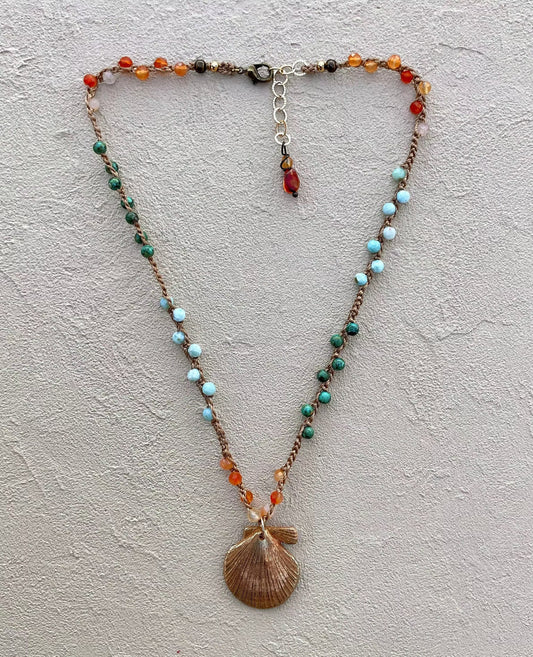 Short Semi-Precious Stone Necklaces- Bronze Pendants (Assortment) Heidi Duran Inventory Fan Shell : Turq. Larimar and Citrine (16"/17")