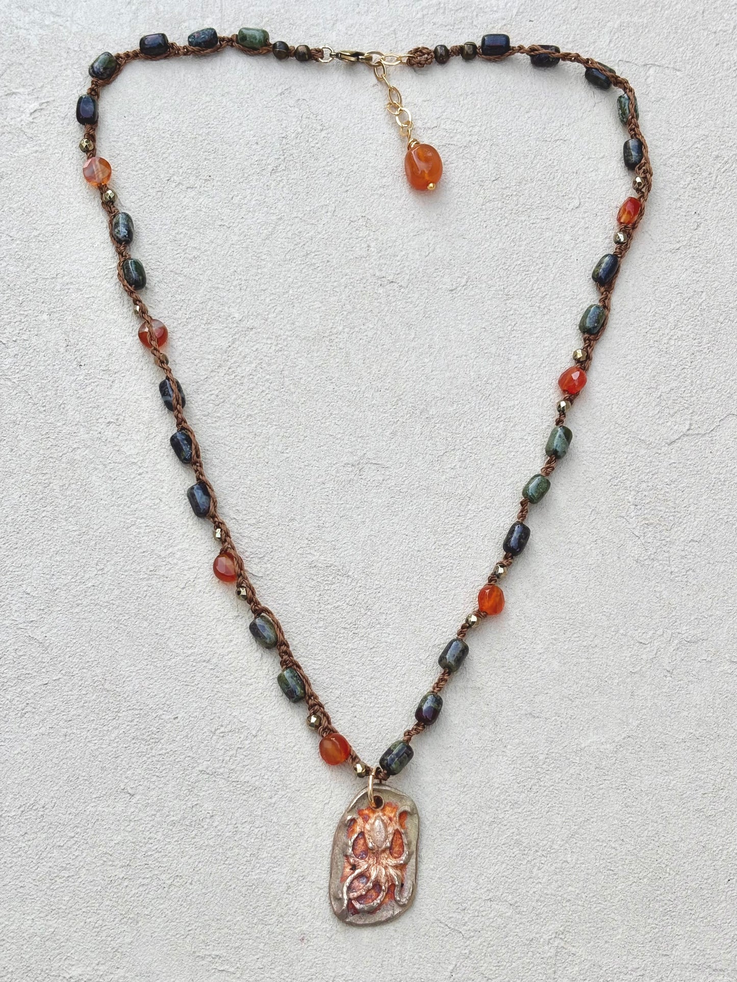 Short Semi-Precious Stone Necklaces- Bronze Pendants (Assortment) Heidi Duran Inventory Octopus : Dragonsblood and Carnelian(18/20")
