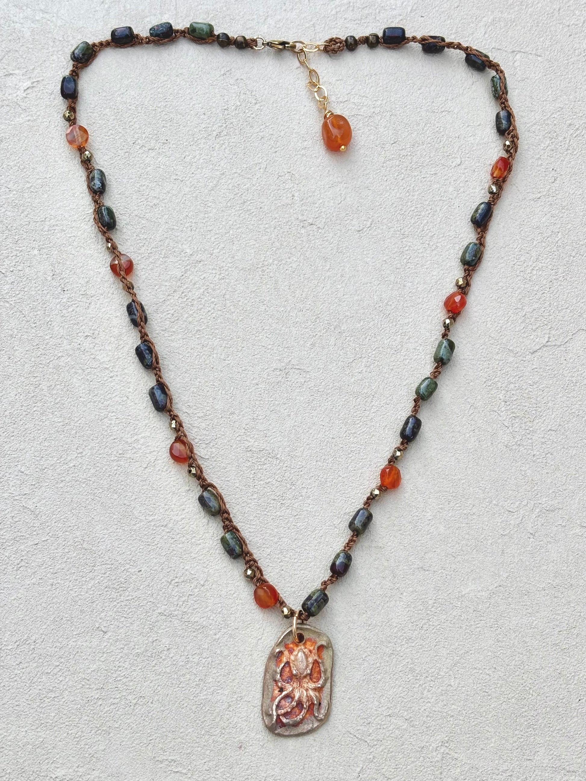 Short Semi-Precious Stone Necklaces- Bronze Pendants (Assortment) Heidi Duran Inventory Octopus : Dragonsblood and Carnelian(18/20")